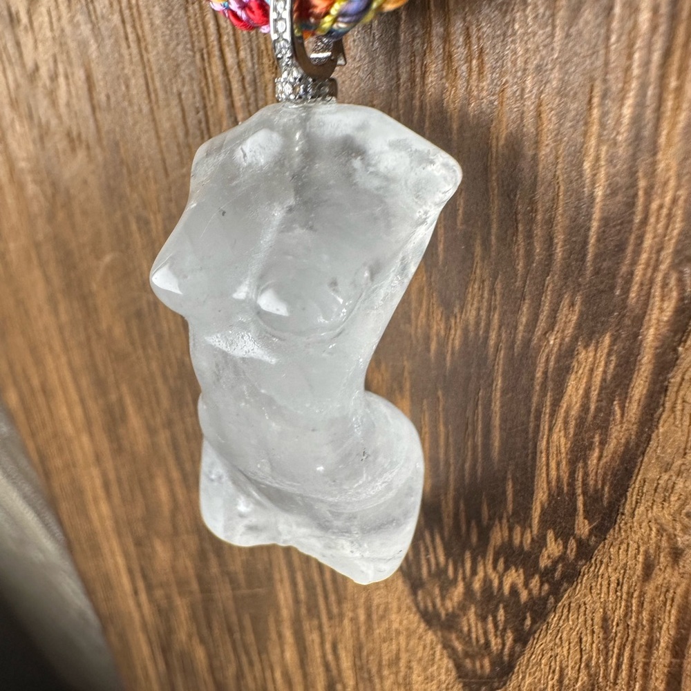 Clear Quartz Lady Body Carving Pendant Necklace on Multicolor Rope, Silver Bail - Picture 7 of 14